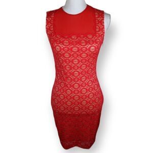 BEBE RED & NUDE LACE BODYCON DRESS SZ.XS EUC